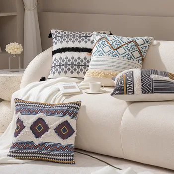 Наволочка с вышивкой в стиле бохо, Сине-белая Тканая наволочка с геометрическим принтом, 45x45 см, декоративные подушки для дивана