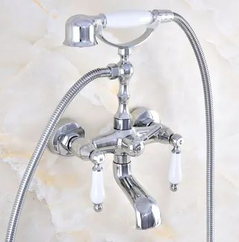 Полированный Хром Для ванной Комнаты с двумя керамическими Ручками Смеситель для ванны Clawfoot Смеситель для ванны с ручным душем
