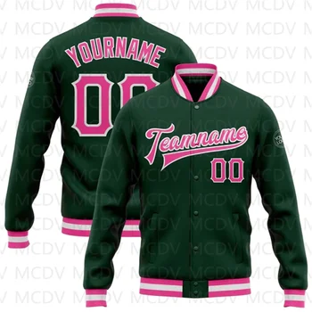 Изготовленная на заказ зеленая розово-белая куртка-бомбер с полной застежкой университетского Леттермана