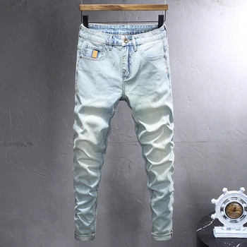 Новые Дизайнерские Модные Мужские джинсы в стиле Ретро, светло-голубые, эластичные, облегающие Рваные Джинсы, Мужские Винтажные Повседневные джинсовые брюки Hombre