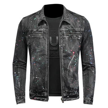 Классическая винтажная мужская джинсовая куртка с красочной росписью, Весенне-Осеннее Мужское пальто, Верхняя одежда, Тонкий Черный