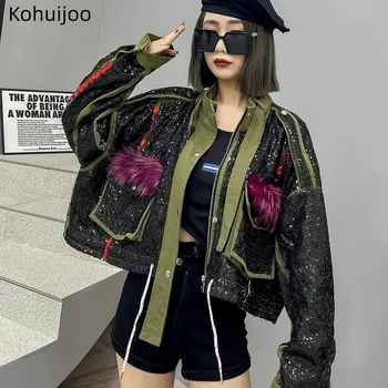 Kohuijoo/2023, Демисезонная джинсовая куртка с тяжелыми блестками, Женская Короткая, Свободная, из перьев, Модные корейские куртки-бомберы в стиле пэчворк