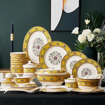 Набор посуды Цзиндэчжэнь 70 семей с набором посуды из костяного фарфора, цветная керамическая посуда с эмалированной подарочной печатью