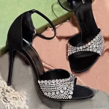 Шелковые сандалии с открытым носком из блестящего горного Хрусталя, женские туфли на высоком каблуке-шпильке с двойным ремешком, украшенные кристаллами, Вечерние туфли во французском стиле