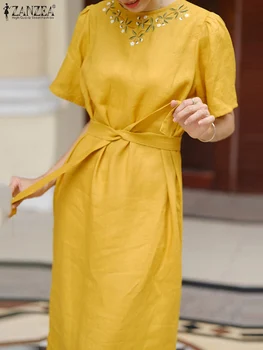 ZANZEA Элегантное платье миди с завязками на талии, Свободные желтые халаты с коротким рукавом, летние праздничные платья 2023, Повседневное женское платье с вышивкой