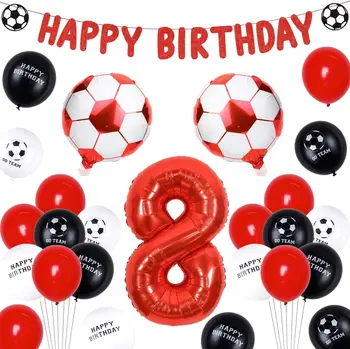 Красные футбольные украшения на 8-й день рождения, мальчики - Баннер С Днем Рождения, Футбольные и номер 8, воздушные шары из фольги, принадлежности для футбольных фанатов на День рождения