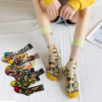 Креативные Хрустальные Шелковые носки Tide, женские модные летние носки в стиле Харадзюку с мультяшными животными, Чулки с фруктами и цветами, Дышащие Стеклянные Шелковые носки