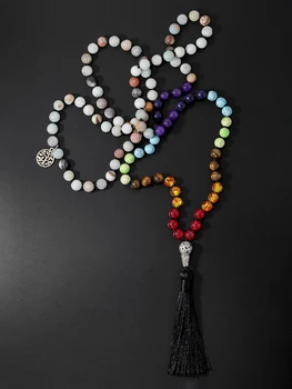 OAIITE 8 мм Матовый Амазонит 7 Бусин Чакры 108 Мала Ожерелье с Черной Кисточкой Ручной Работы Узел Ожерелье для Медитации и Йоги