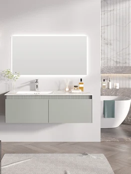 Кремовая каменная панель для ванной комнаты, встроенная раковина, интеллектуальный шкаф для ванной комнаты, комбинированная раковина