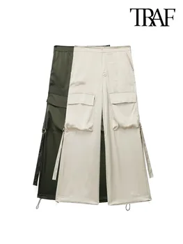 TRAF, Женские Модные Атласные брюки-карго с карманами, Винтажные Женские брюки на молнии со средней талией, Mujer