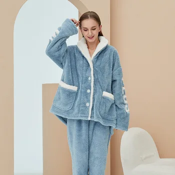 Зимняя синяя Фланелевая пижама 2022, Одежда для сна, Бархатная Теплая мягкая Пижама, Домашняя одежда, Женский Пижамный комплект