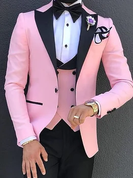 Новый Розовый Мужской костюм из 3 предметов, Повседневные однотонные приталенные Смокинги с отворотами, двубортный Жилет для Свадьбы (Блейзер + жилет + Брюки)