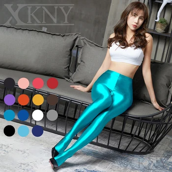 XCKNY, атласные масляно-глянцевые леггинсы, сексуальные обтягивающие леггинсы с высокой талией, блестящие гладкие брюки, эластичные, подтягивающие бедра, цветные штаны для бодибилдинга