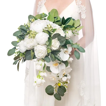 Букет невесты из белых искусственных цветов, Каскадные свадебные букеты для невесты, Декор свадебной церемонии, Роза Ручной работы