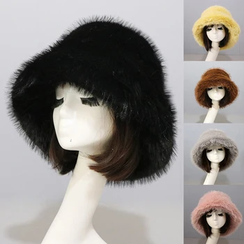 Модная женская шапка из искусственного меха, элегантная осенне-зимняя меховая шапка рыбака, корейская теплая шапка-ведро для пожилых людей, плюшевая шапка-ведро