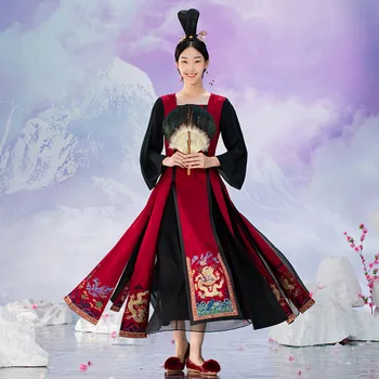 Женское Улучшенное платье с лошадиной мордой, Длинные рукава, Квадратный вырез, А-образная винтажная вышивка, Длинная юбка Mamian Qun
