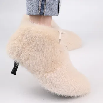 2021 Зимние Зимние ботинки с Хорьком на высоком Каблуке, Меховые ботинки с начесом, Повседневные Модные Ботинки на шнуровке, женские ботинки на шпильке