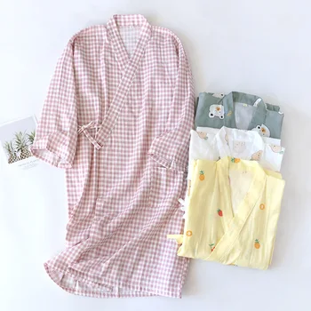 Японское кимоно, весенне-осенний новый женский ночной халат из 100% хлопка, газовый халат, пижама, халат с цветочным принтом, домашний халат средней длины