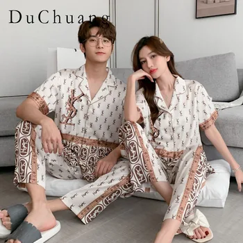 [Женская пижама] [высокого качества] 2023 Весна-осень, новая пижама из ледяного шелка, комплект из пары корейских кардиганов с коротким рукавом, трендовый кардиган