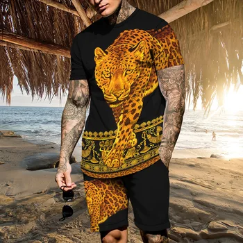 Летний мужской комплект футболок, модный спортивный костюм золотистого леопарда, Повседневная футболка с короткими рукавами + шорты, спортивные костюмы большого размера, одежда, наряд