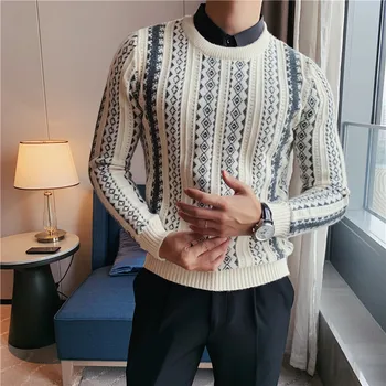 Поддельный вязаный свитер с воротником-двойкой, мужской Приталенный Модный Теплый зимний пуловер, Мужской Высококачественный клетчатый свитер 4XL