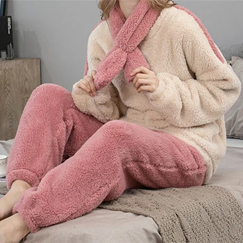 Осенне-зимние Женские Пижамные комплекты, Однотонный пушистый Пижамный костюм с длинными рукавами и брюками, домашняя одежда из плотного теплого флиса для женщин