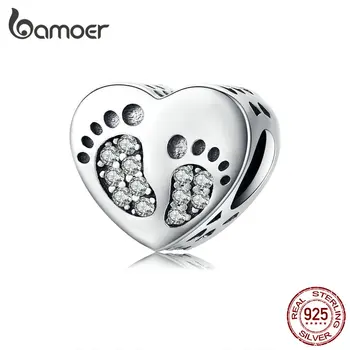 bamoer Footprints Heart Charm подходит для женщин, Оригинальный Серебряный браслет из стерлингового серебра 925 пробы, модные ювелирные изделия SCC1395
