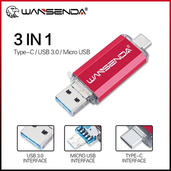 WANSENDA USB Флэш-накопитель 3 В 1 USB 3.0 и Type C и Micro USB OTG Флеш-накопитель 32 ГБ 64 ГБ 128 ГБ 256 ГБ 512 ГБ Флешка USB Memory Stick