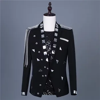 Черно-белая зеркальная куртка, костюмы, блейзер певца, верхняя одежда, панк-танцор, наряд для выступлений, мужской модный камуфляжный костюм ведущего