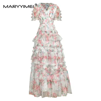 MARYYIMEI/ Модное женское Летнее платье с V-образным вырезом и короткими рукавами, Сетчатое Платье с цветочным принтом и многоуровневыми оборками, Вечерние Праздничные бальные платья