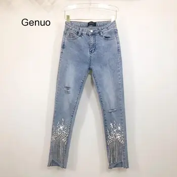 Джинсовые брюки с дырками, Женская весенне-летняя одежда 2020 Года, Новые облегающие джинсы с высокой талией и бахромой из бисера для девочек