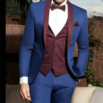Модный Мужской Блейзер с отворотом в виде шали, брюки Королевского синего цвета, Свадебное платье, одежда для званого ужина, деловой костюм, куртка + брюки, 2 предмета