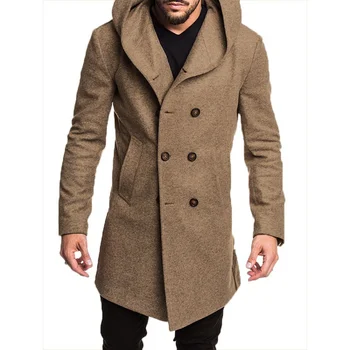 зима-осень 2023, мужское шерстяное смесовое теплое повседневное пальто с капюшоном, Мужской двубортный тренч, Тонкие однотонные пальто в британском стиле