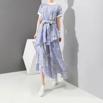 Весенне-летняя новинка 2021 года, Корейское женское платье с цветочным принтом, пляжная юбка Неправильной формы на шнуровке с талией
