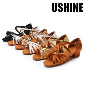 USHINE/ Качественная обувь для латиноамериканских танцев для девочек, Босоножки для танцев Сальсы на низком каблуке для женщин