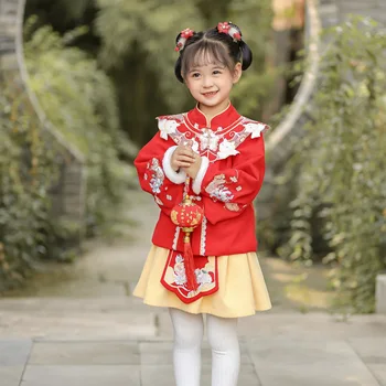 Hanfu/Китайская новогодняя одежда для девочки, костюм Супер феи в китайском стиле, костюм Тан для маленькой девочки, костюм на плечо Hanfu, утолщенный
