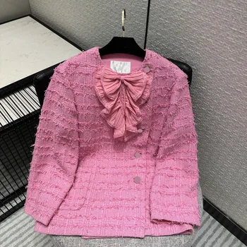 дизайнерская высококачественная розовая Твидовая куртка с милым бантом Знаменитостей, женская однобортная куртка с Длинным рукавом и бахромой, пальто с кисточками, Верхняя одежда