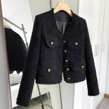 Короткое черное пальто с запахом 2023 года, новые весенне-осенние женские куртки из тонкого твида с длинным рукавом