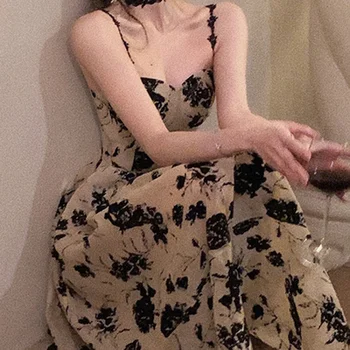 2023 Новое Летнее Платье Миди с цветочным ремешком, Женское Элегантное винтажное платье без рукавов, цельное платье для вечеринки, Корейская мода