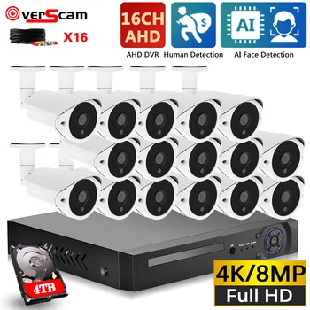 Комплект видеорегистратора 4K 16CH с функцией распознавания лиц, AHD Камера видеонаблюдения, комплект системы безопасности, 8-мегапиксельная 16-канальная камера BNC, Система видеонаблюдения