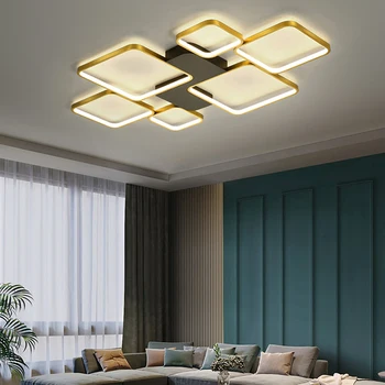 Новая современная светодиодная люстра для гостиной, спальни, офиса, кухни, домашнего потолочного светильника, золотистого прямоугольного дизайна с дистанционным управлением