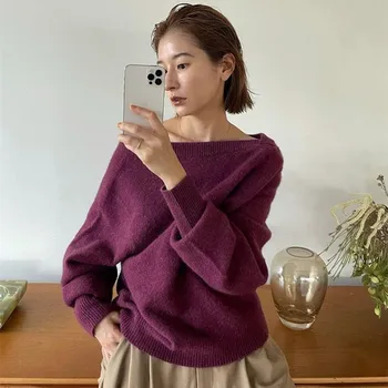 Женский осенний новый кашемировый свитер с открытыми плечами, дизайнерский топ