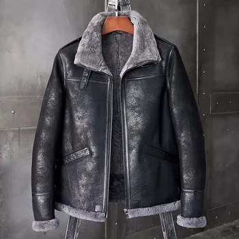 Новая мужская куртка из овечьей шерсти B1, короткое меховое пальто, черные кожаные парки, теплое зимнее пальто, модная мотоциклетная верхняя одежда