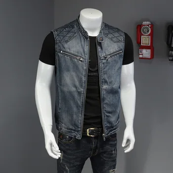 Европейский и американский джинсовый жилет, мужской откормленный и персонализированный мотоциклетный джинсовый жилет со стоячим воротником, байкерский жилет, мужской жилет