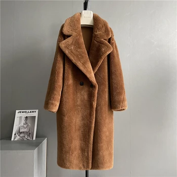 Корейская зимняя куртка 2023, модное пальто из 100% шерсти, женское пальто с большим отложным воротником, элегантное длинное