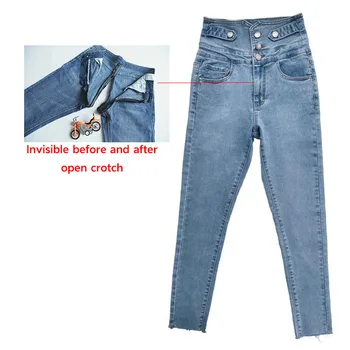 Сексуальные джинсы с флисовой подкладкой и высокой талией, женские невидимые брюки с открытым сиденьем, уличные удобные облегающие джинсовые брюки