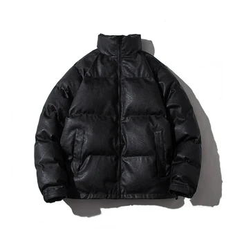 Хорошая черная зимняя мужская куртка из искусственной кожи, однотонная мужская одежда, Хлопчатобумажные парки для пары, хлопковое пальто, мужская куртка на молнии Больших размеров