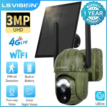 LS VISION 3MP Солнечная беспроводная камера безопасности для обнаружения людей/животных на открытом воздухе 2Way Talk IP66 Водонепроницаемая Камуфляжная камера для охоты