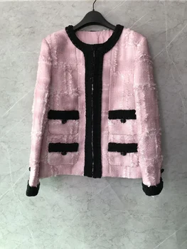 Женское Твидовое Пальто с четырьмя Карманами на шелковой Подкладке Премиум-класса Серии French Vacation Розового Цвета