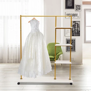 Золотая железная вешалка для одежды с 4-уровневыми полками и универсальным колесом, свадебное платье, стойка для одежды для новобрачных